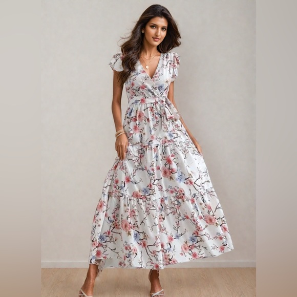 Boho Floral Print Butterfly Sleeve Ruffle Hem Belted Dress - Picture 1 of 8